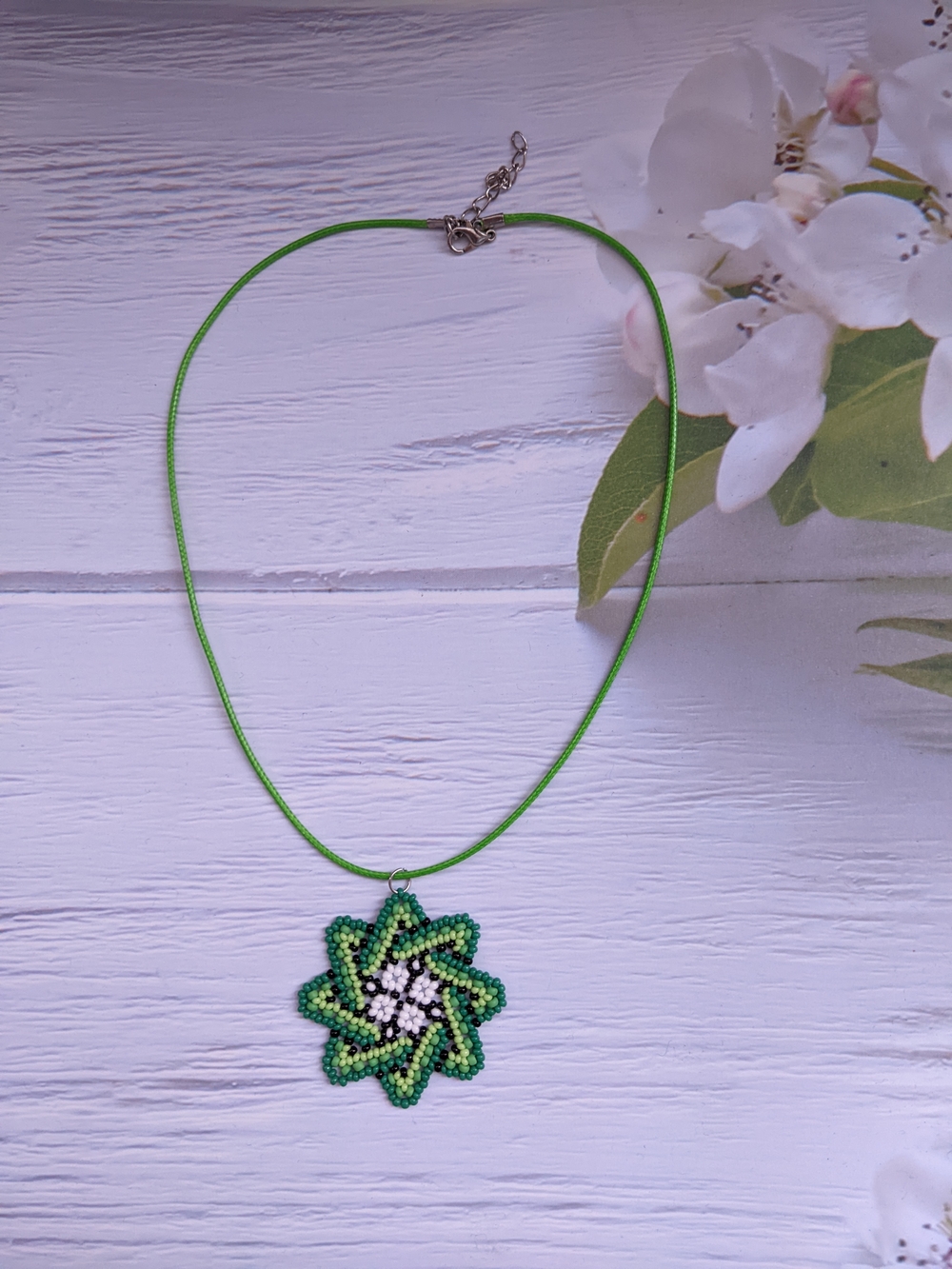 Green Beaded Starflower Pendant Necklace
